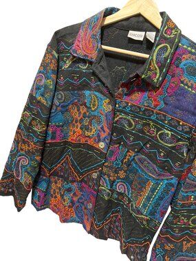 Chicos Multicolor Floral Embroidered Button-Up Jacket Cotton Blend Made In India
